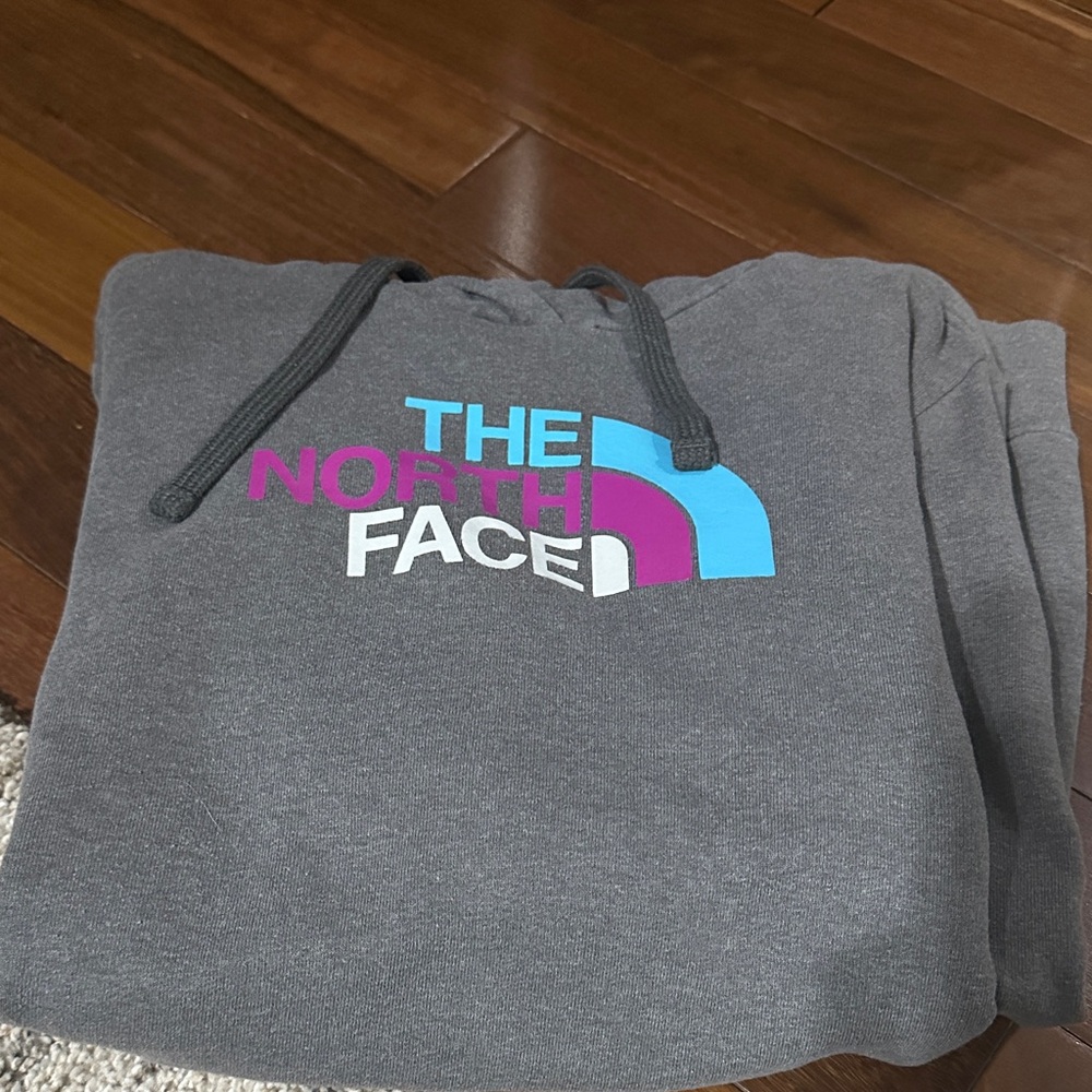 The North Face Charcoal Hoodie with Blue and Purple Logo